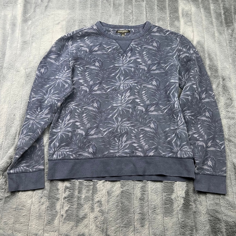Banana Republic Womens Navy Blue Tropical Palm Leaf Print Fleece Sweatshirt M